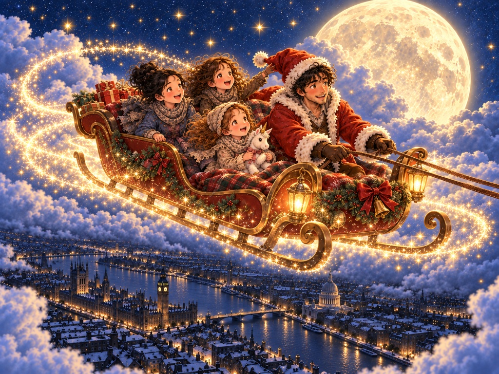 満月の夜空を飛ぶサンタのソリと子供たち