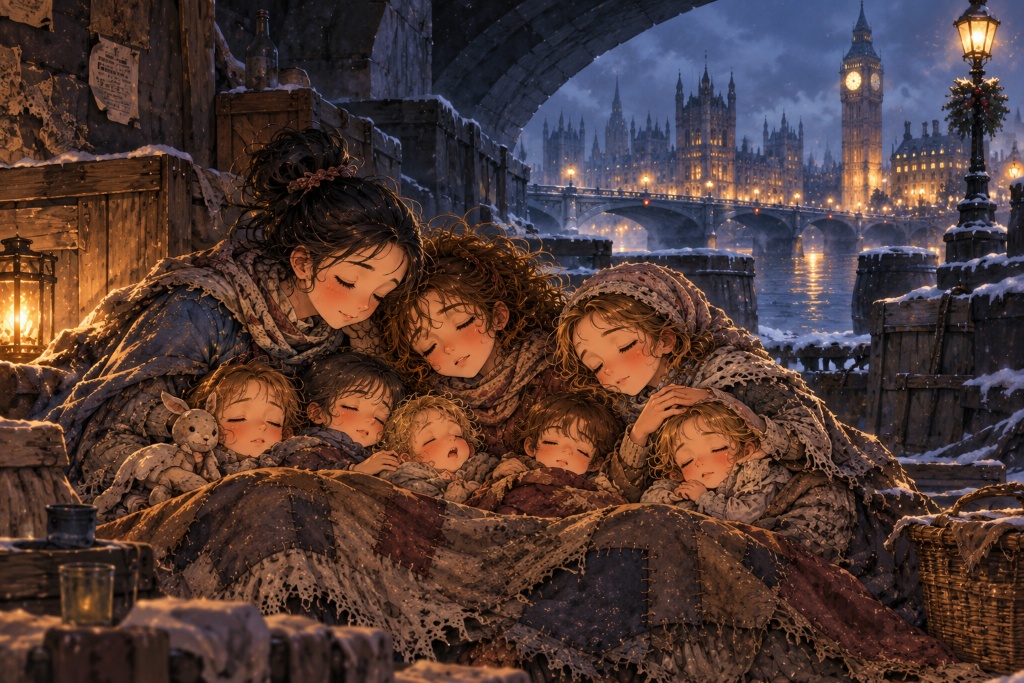 雪のロンドンで眠るストリートチルドレンたち