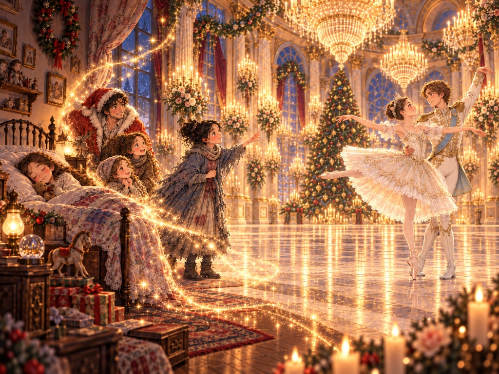 クリスマスの夢の世界で踊るバレリーナと王子